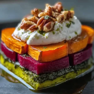Sweet Potato & Beet Stacks with Pesto, Burrata & Walnuts