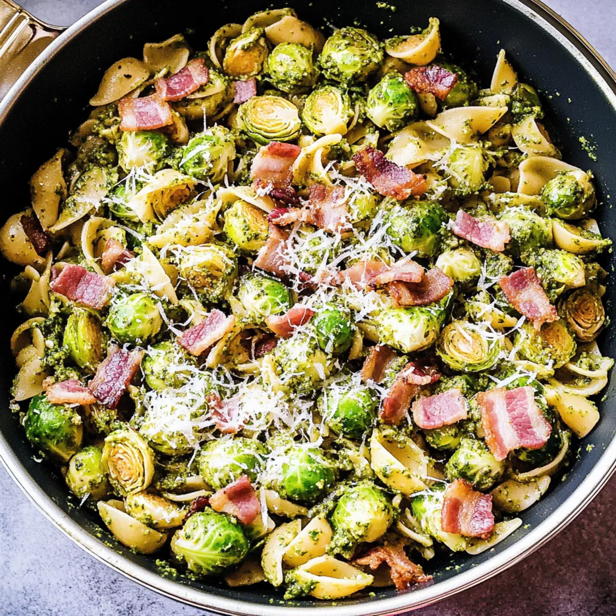 Brussels Sprouts and Bacon Pesto Pasta