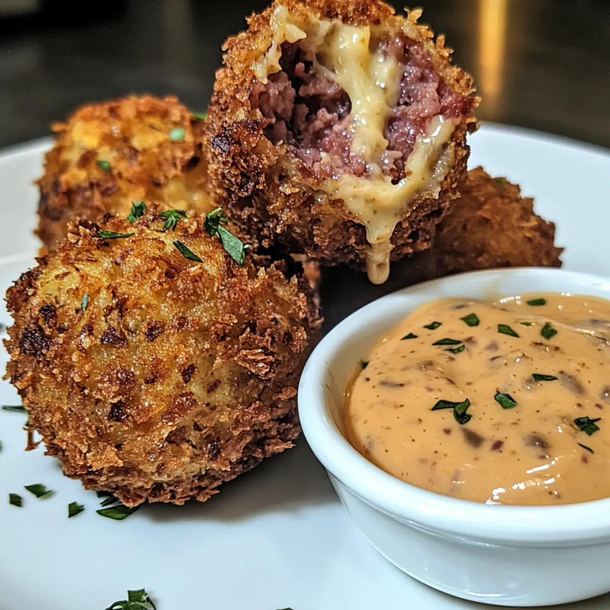 Reuben Balls with Spicy Thousand Island Dipping Sauce