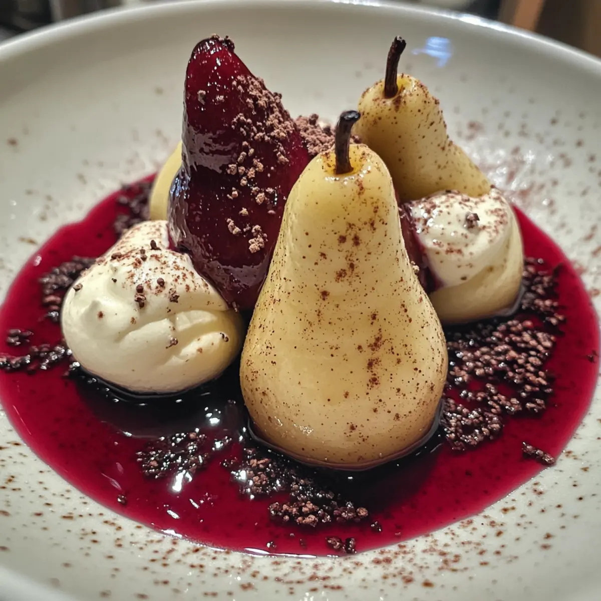 spiced hibiscus poached pears in rose black sesame meringue nests