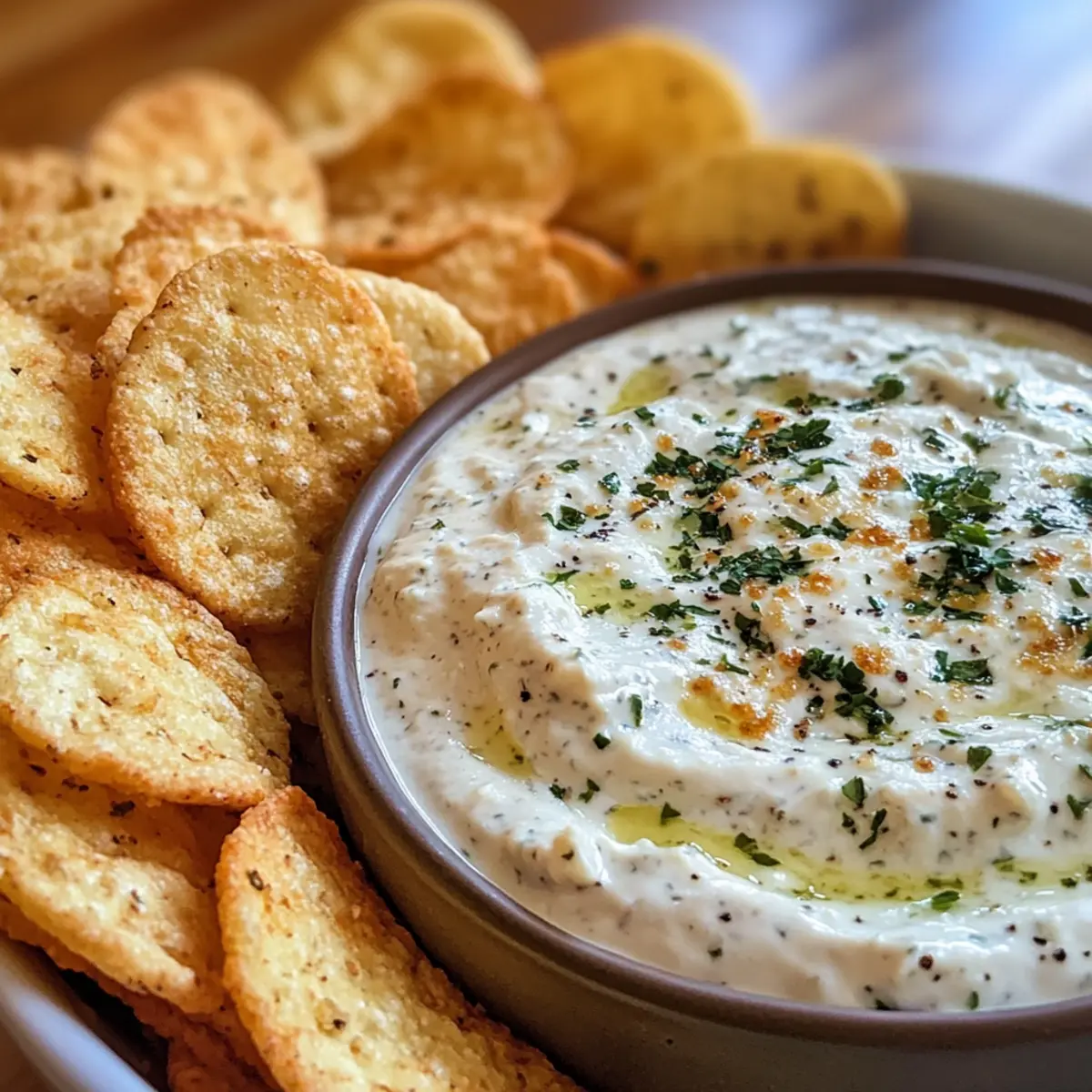 Pepperoncini Dip with Homemade Bagel Chips