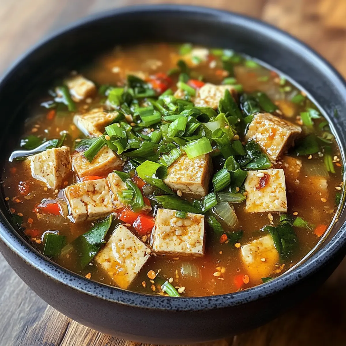 Ginger Miso Brothy Soup with Crispy Shredded Sesame Tofu