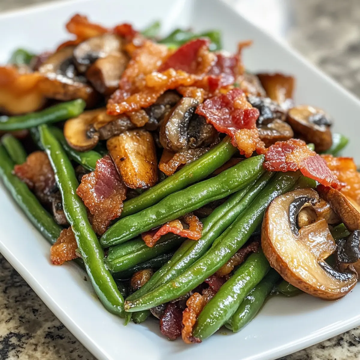 Sauteed Green Beans with Crispy Bacon and Mushrooms