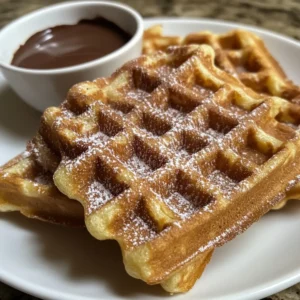 Crispy Churro Waffles Recipe with Cinnamon Sugar and Chocolate Dip