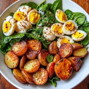 Garlic Roasted Potato Spinach Salad with Eggs